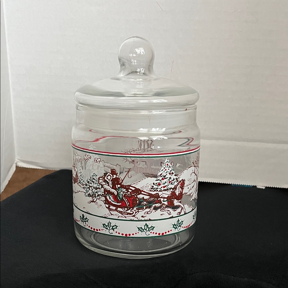 Vintage Holiday Glass Cookie Jar with Red and Green Sleigh Design